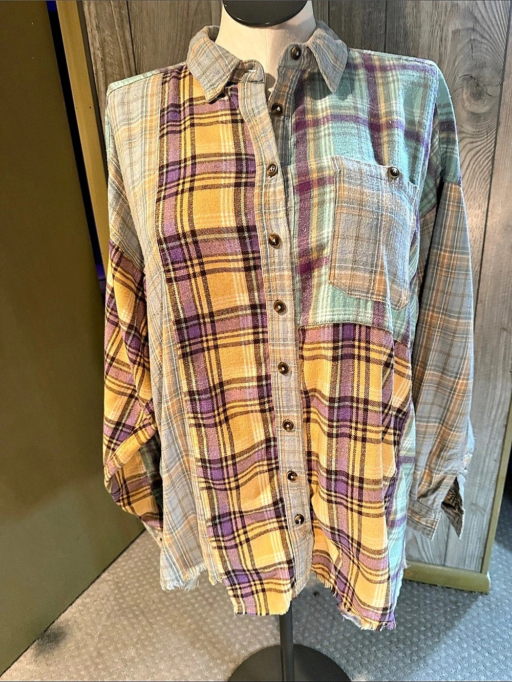 Easel Plaid Patchwork Button Down Blue & Yellow Size Large